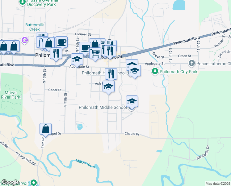 map of restaurants, bars, coffee shops, grocery stores, and more near 535 South 19th Street in Philomath