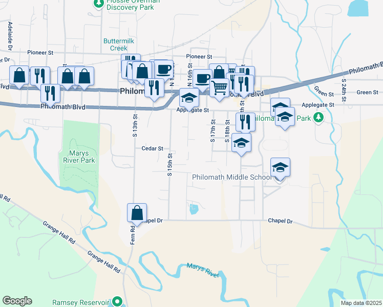 map of restaurants, bars, coffee shops, grocery stores, and more near 401 South 16th Street in Philomath