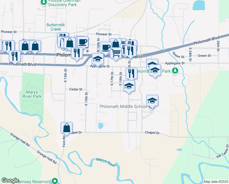 map of restaurants, bars, coffee shops, grocery stores, and more near 500 South 17th Street in Philomath
