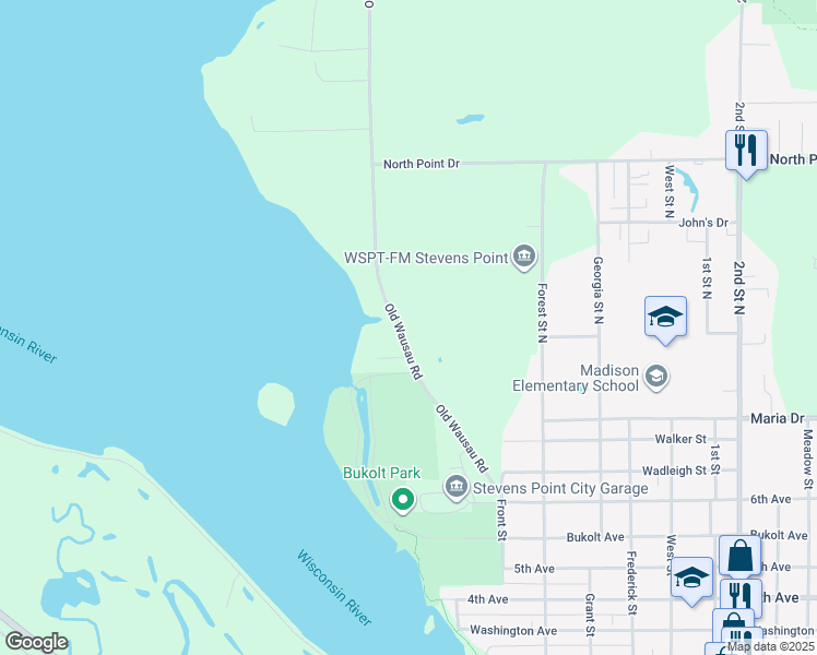 map of restaurants, bars, coffee shops, grocery stores, and more near 201 Old Wausau Road in Stevens Point