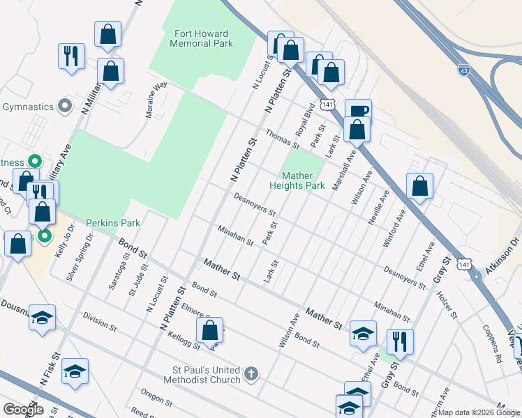 map of restaurants, bars, coffee shops, grocery stores, and more near 999 Royal Boulevard in Green Bay