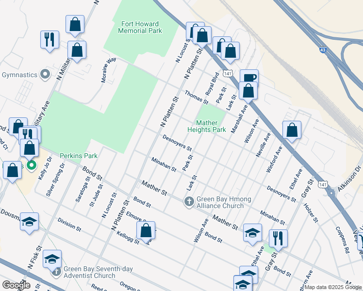map of restaurants, bars, coffee shops, grocery stores, and more near 999 Royal Boulevard in Green Bay