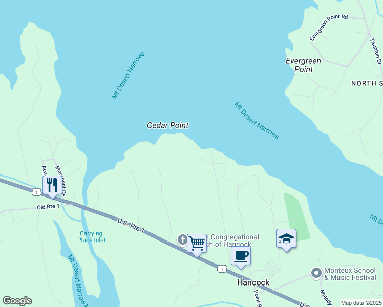 map of restaurants, bars, coffee shops, grocery stores, and more near 40 Blueberry Trail in Hancock