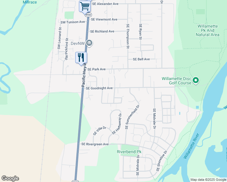 map of restaurants, bars, coffee shops, grocery stores, and more near 85 Southeast River Park Way in Corvallis