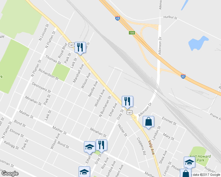 map of restaurants, bars, coffee shops, grocery stores, and more near 1142 Velp Avenue in Green Bay