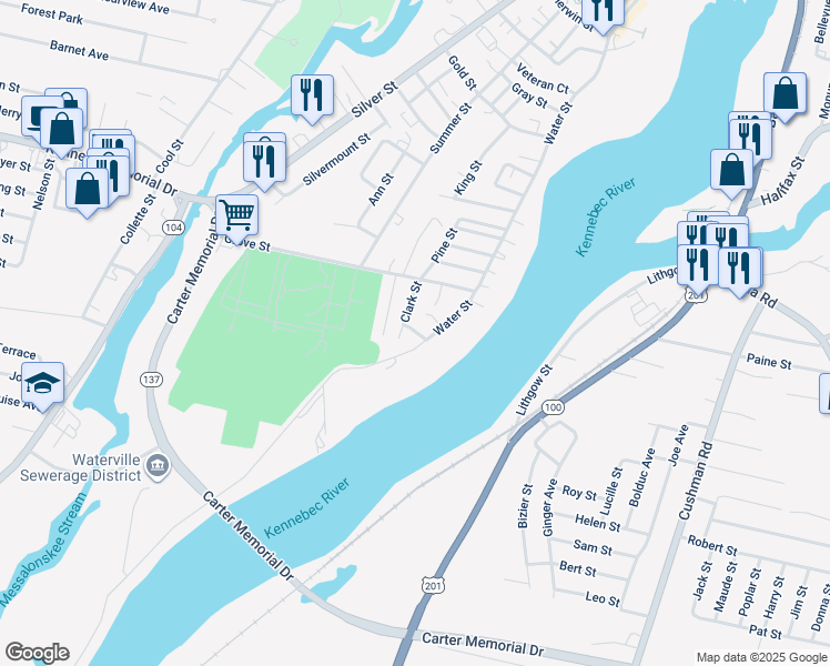 map of restaurants, bars, coffee shops, grocery stores, and more near 2 Water Place in Waterville