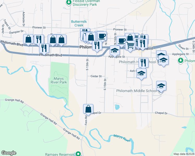 map of restaurants, bars, coffee shops, grocery stores, and more near 1406 Cedar Street in Philomath