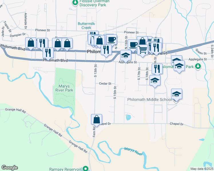 map of restaurants, bars, coffee shops, grocery stores, and more near 1406 Cedar Street in Philomath
