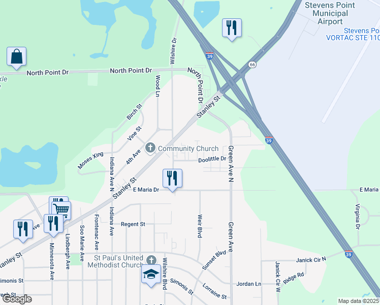 map of restaurants, bars, coffee shops, grocery stores, and more near 3700 Doolittle Drive in Stevens Point