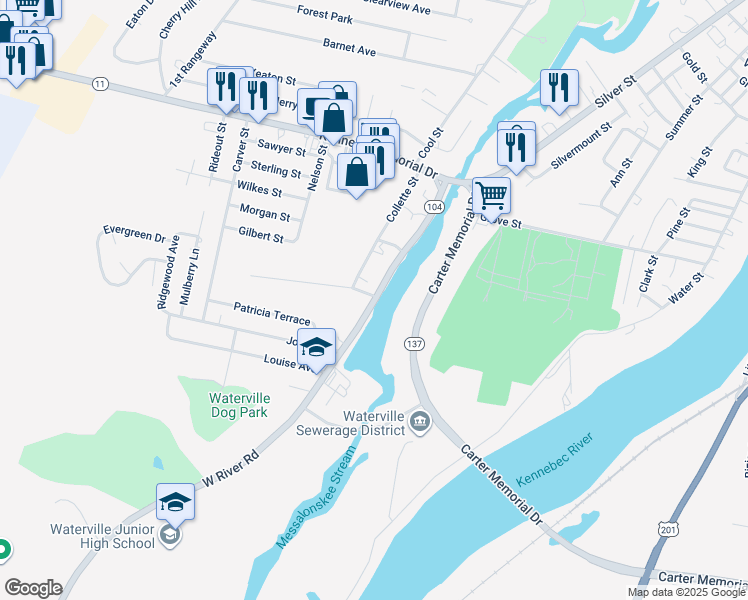 map of restaurants, bars, coffee shops, grocery stores, and more near 59 West River Road in Waterville