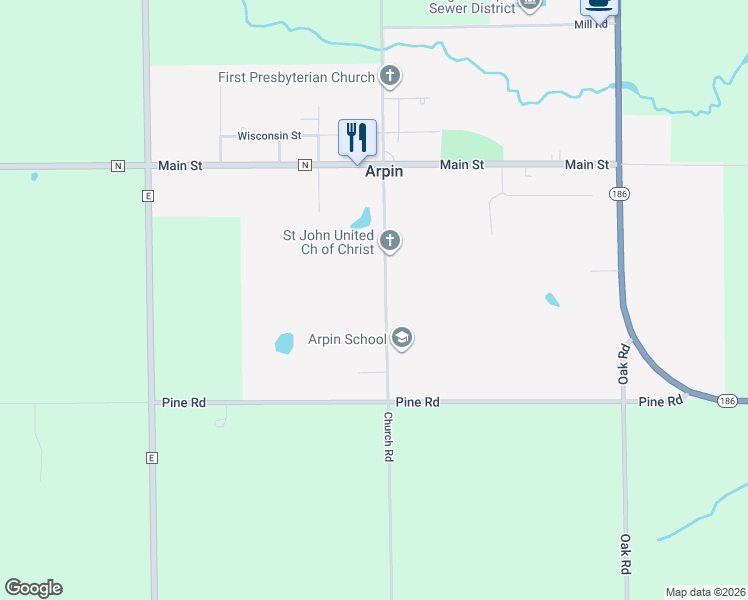 map of restaurants, bars, coffee shops, grocery stores, and more near 7979 Church Road in Arpin