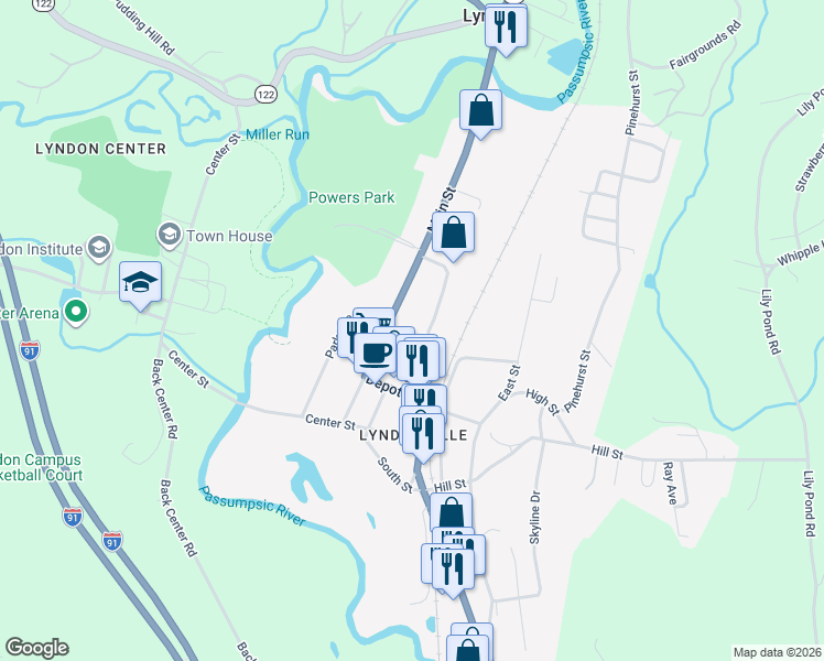 map of restaurants, bars, coffee shops, grocery stores, and more near 117 Church Street in Lyndon