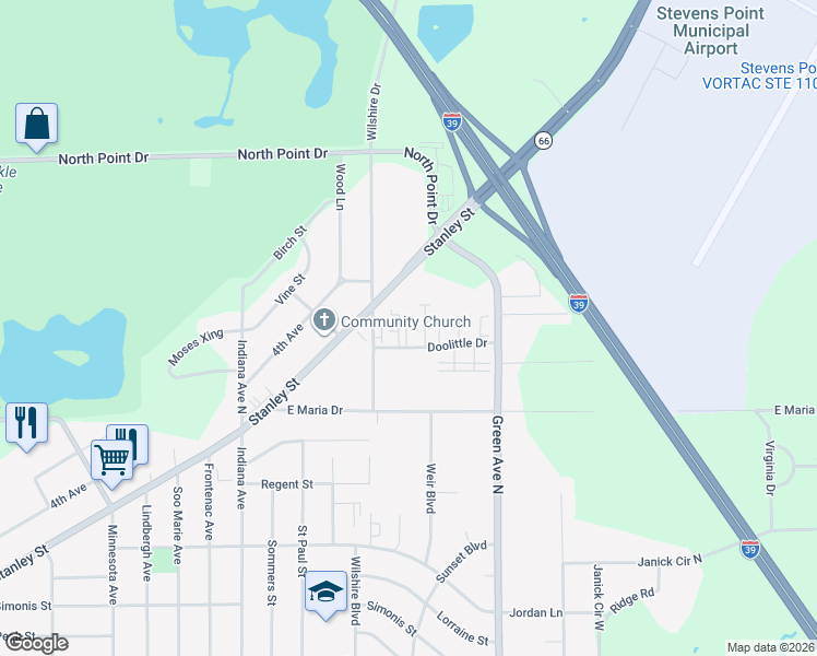 map of restaurants, bars, coffee shops, grocery stores, and more near 3616 Doolittle Drive in Stevens Point