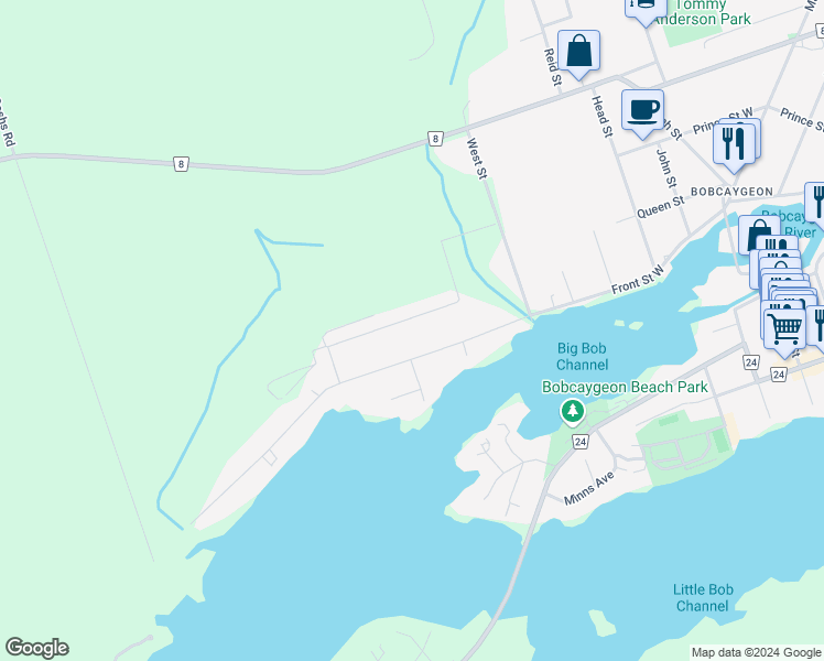 map of restaurants, bars, coffee shops, grocery stores, and more near 231 Front Street West in Kawartha Lakes