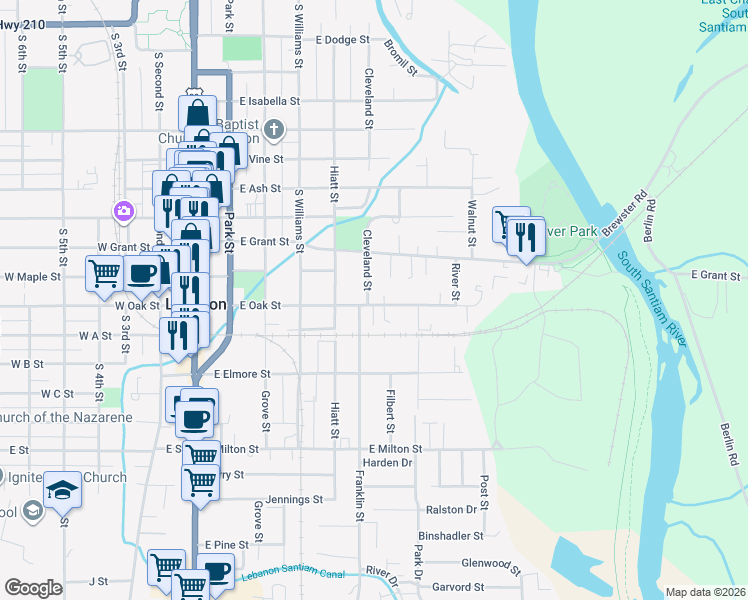 map of restaurants, bars, coffee shops, grocery stores, and more near 995 Cleveland Street in Lebanon