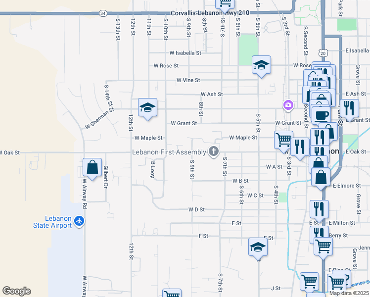 map of restaurants, bars, coffee shops, grocery stores, and more near 821 W Oak St in Lebanon