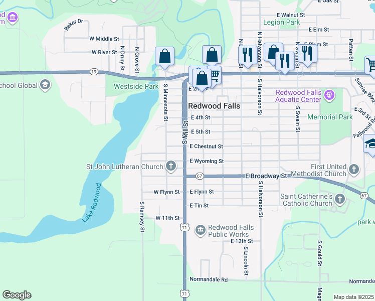 map of restaurants, bars, coffee shops, grocery stores, and more near 607 South Mill Street in Redwood Falls