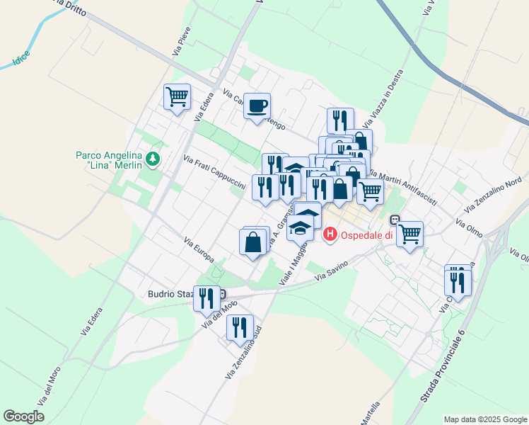map of restaurants, bars, coffee shops, grocery stores, and more near Via Solmi in Budrio