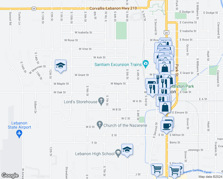 map of restaurants, bars, coffee shops, grocery stores, and more near 515 West Oak Street in Lebanon