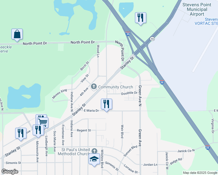 map of restaurants, bars, coffee shops, grocery stores, and more near 3616 Doolittle Drive in Stevens Point