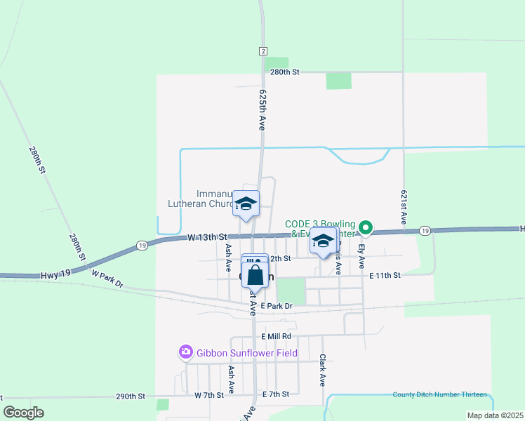 map of restaurants, bars, coffee shops, grocery stores, and more near 1383 1st Avenue in Gibbon
