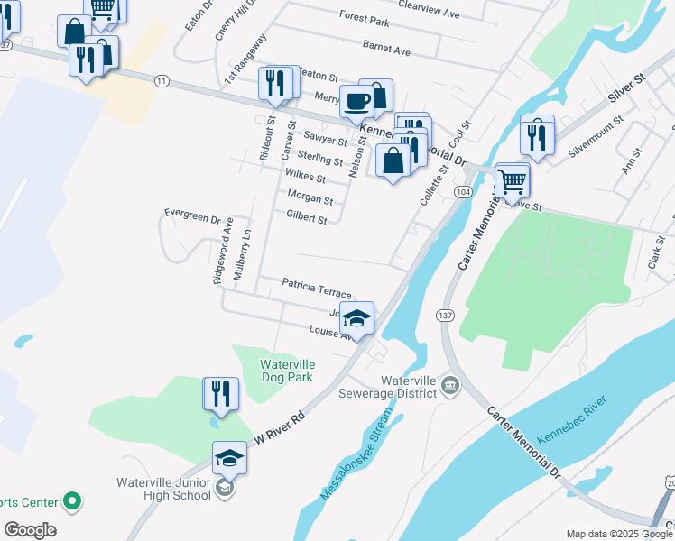 map of restaurants, bars, coffee shops, grocery stores, and more near 20 Franklin Street in Waterville