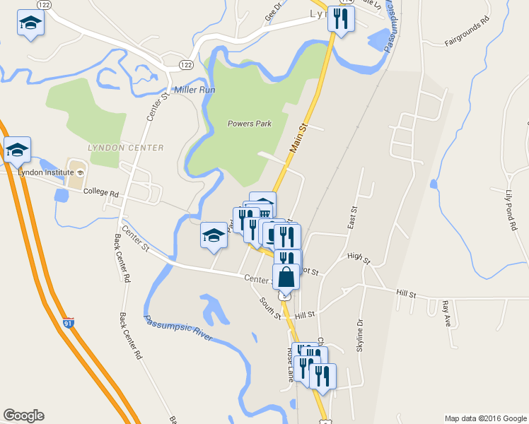 map of restaurants, bars, coffee shops, grocery stores, and more near 82 Main Street in Lyndon
