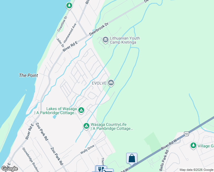 map of restaurants, bars, coffee shops, grocery stores, and more near 47 Madawaska Trail in Wasaga Beach