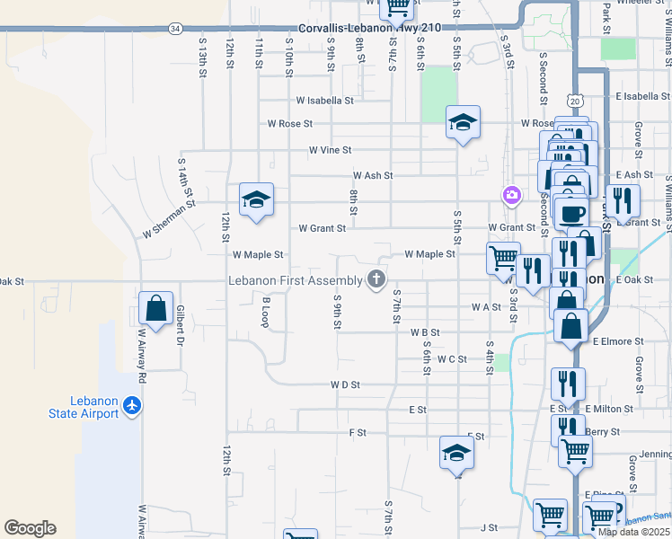 map of restaurants, bars, coffee shops, grocery stores, and more near 821 West Oak Street in Lebanon