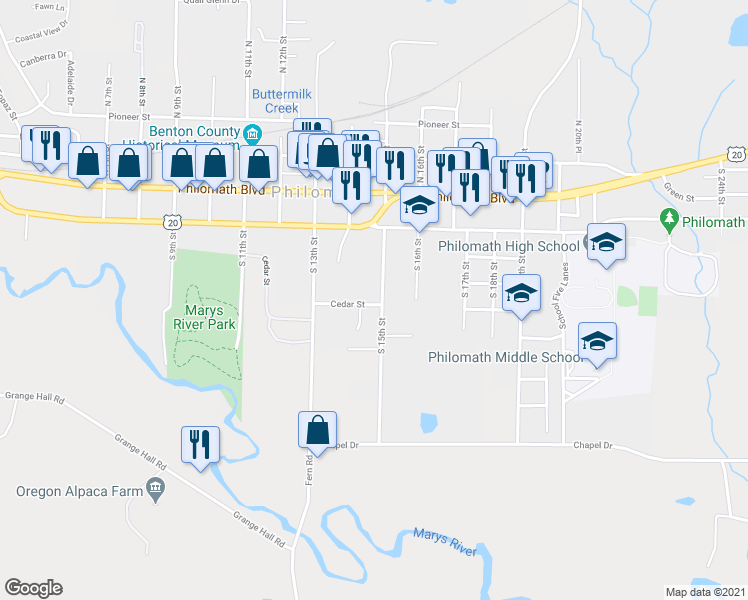 map of restaurants, bars, coffee shops, grocery stores, and more near 1406 Cedar Street in Philomath