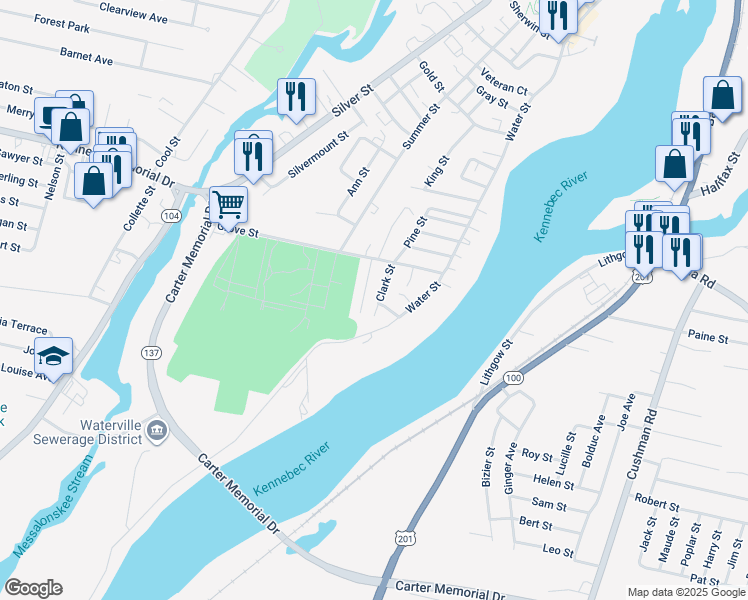 map of restaurants, bars, coffee shops, grocery stores, and more near 2 Water Place in Waterville
