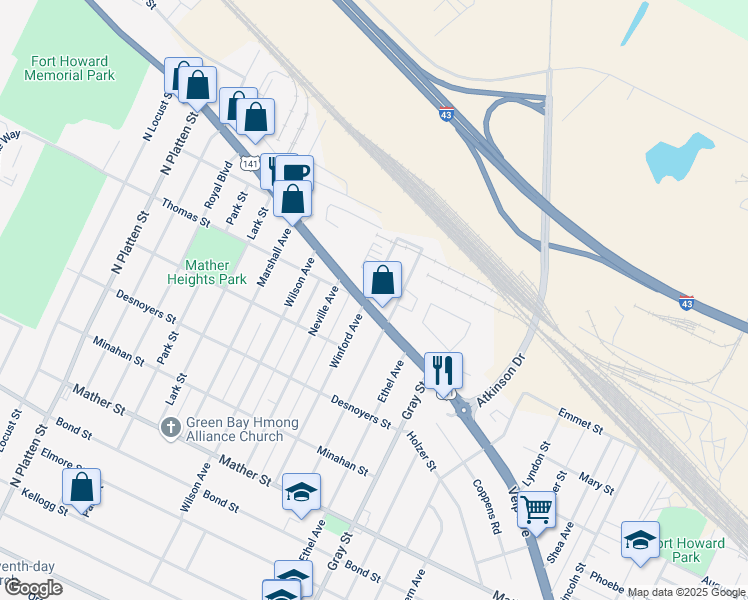 map of restaurants, bars, coffee shops, grocery stores, and more near 1142 Velp Avenue in Green Bay
