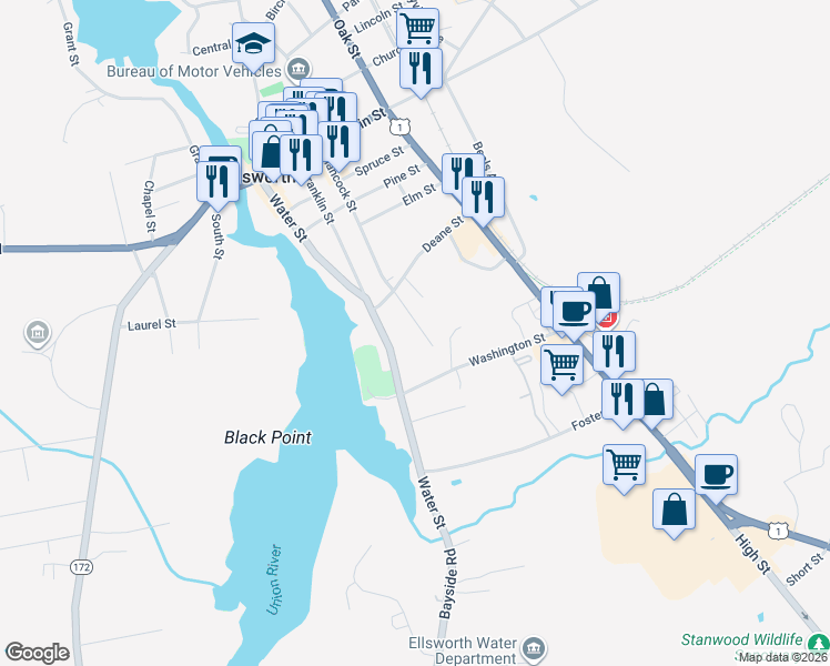 map of restaurants, bars, coffee shops, grocery stores, and more near 384 Water Street in Ellsworth