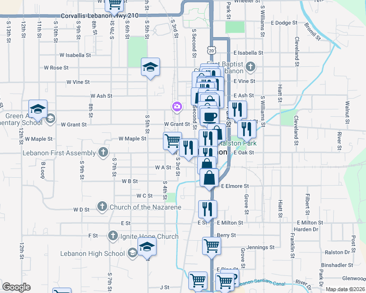 map of restaurants, bars, coffee shops, grocery stores, and more near 175 West Oak Street in Lebanon