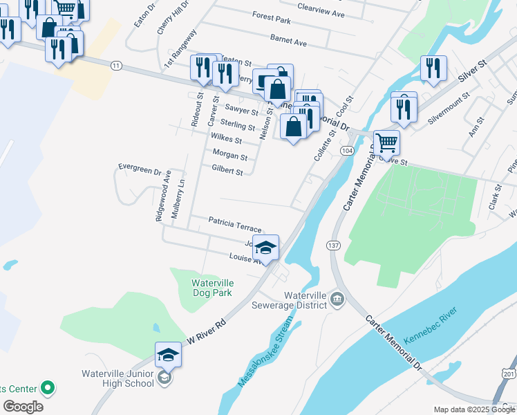 map of restaurants, bars, coffee shops, grocery stores, and more near 20 Franklin Street in Waterville