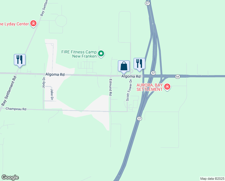 map of restaurants, bars, coffee shops, grocery stores, and more near 2515 Edmund Road in New Franken