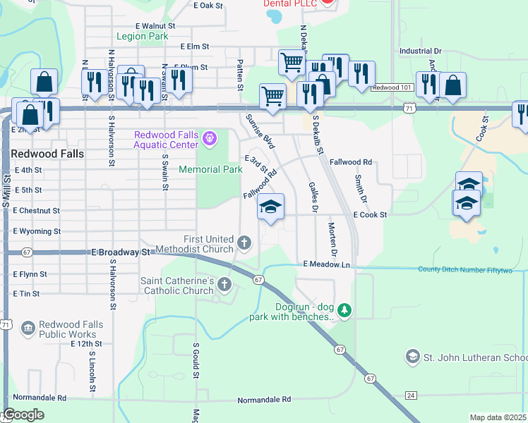 map of restaurants, bars, coffee shops, grocery stores, and more near 208 McPhail Drive in Redwood Falls