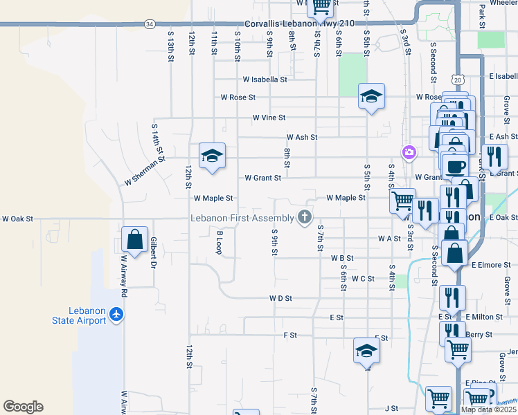 map of restaurants, bars, coffee shops, grocery stores, and more near 821 West Oak Street in Lebanon