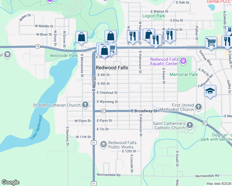 map of restaurants, bars, coffee shops, grocery stores, and more near 602 South Jefferson Street in Redwood Falls