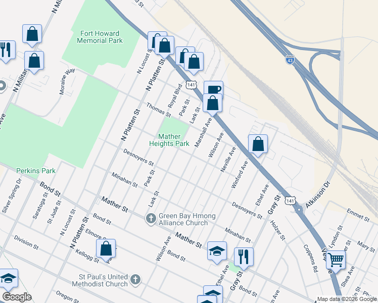 map of restaurants, bars, coffee shops, grocery stores, and more near 1031 Marshall Avenue in Green Bay
