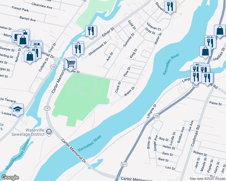 map of restaurants, bars, coffee shops, grocery stores, and more near 2 Water Place in Waterville