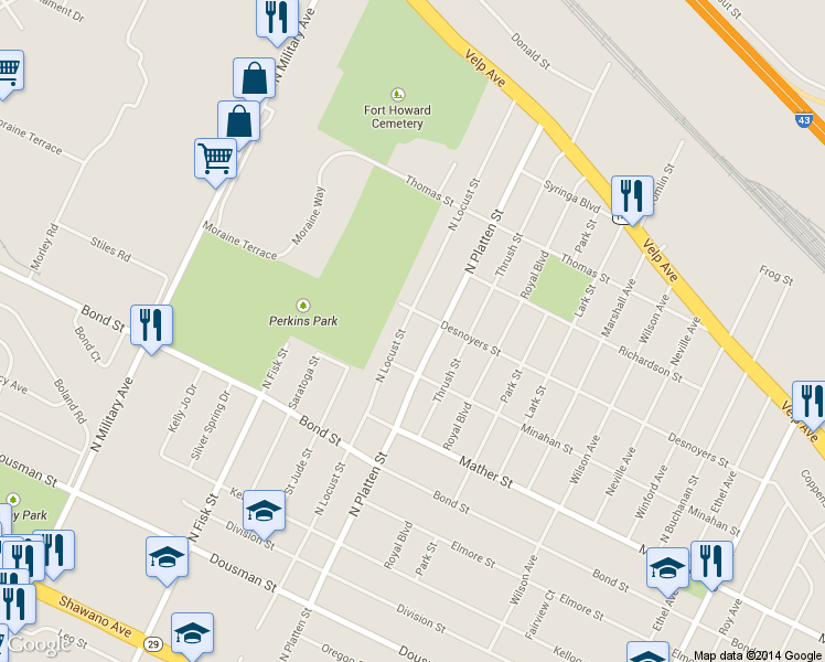 map of restaurants, bars, coffee shops, grocery stores, and more near 824 North Locust Street in Green Bay