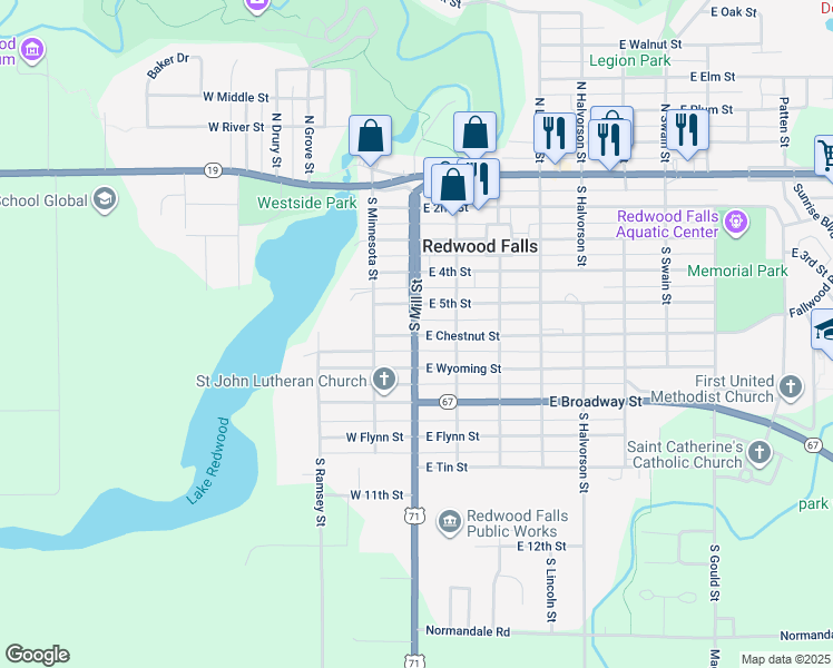 map of restaurants, bars, coffee shops, grocery stores, and more near 607 South Mill Street in Redwood Falls