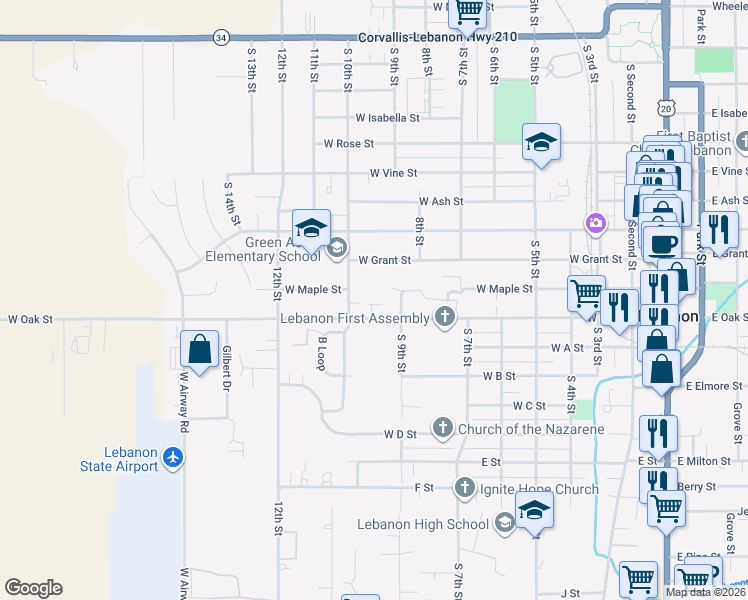 map of restaurants, bars, coffee shops, grocery stores, and more near 821 West Oak Street in Lebanon