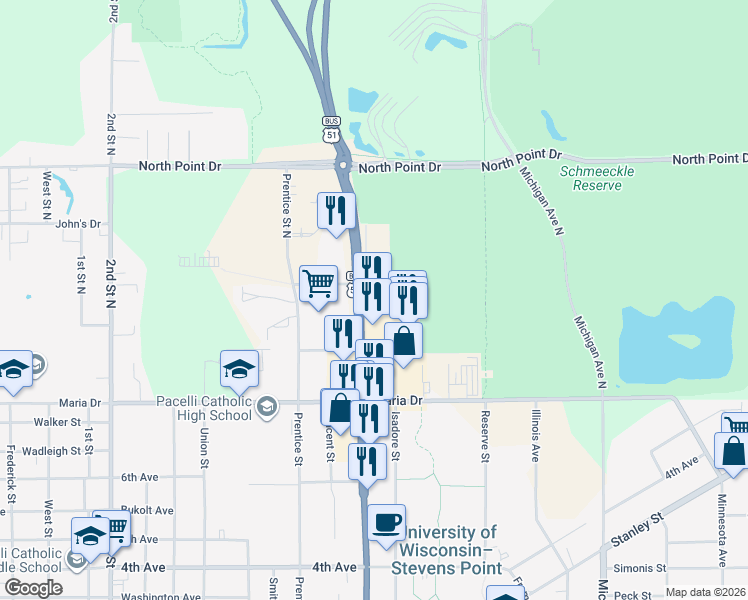 map of restaurants, bars, coffee shops, grocery stores, and more near 135 Division St in Stevens Point