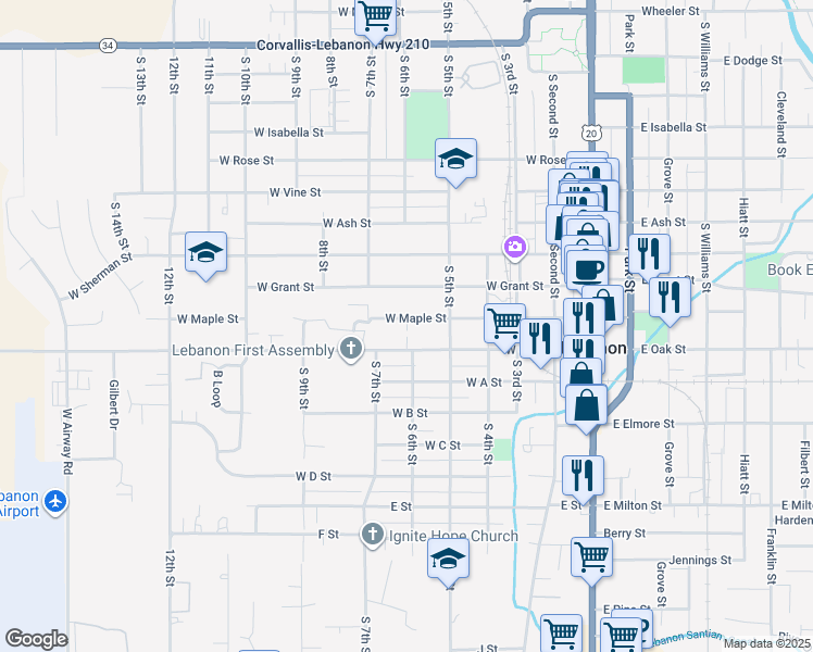 map of restaurants, bars, coffee shops, grocery stores, and more near 515 West Oak Street in Lebanon