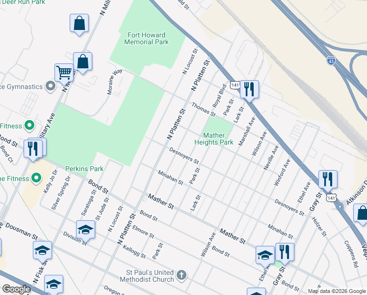 map of restaurants, bars, coffee shops, grocery stores, and more near 1325 Desnoyers Street in Green Bay