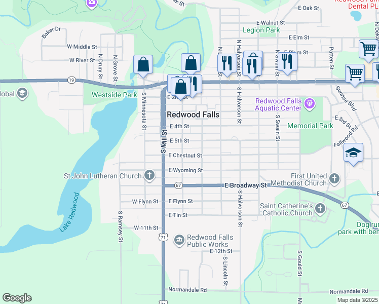map of restaurants, bars, coffee shops, grocery stores, and more near 614 South Washington Street in Redwood Falls