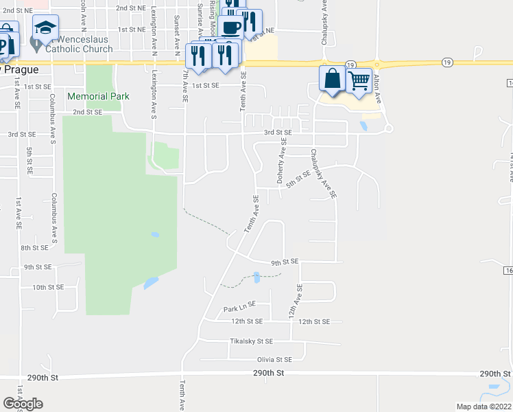 map of restaurants, bars, coffee shops, grocery stores, and more near 10th Avenue Southeast in New Prague