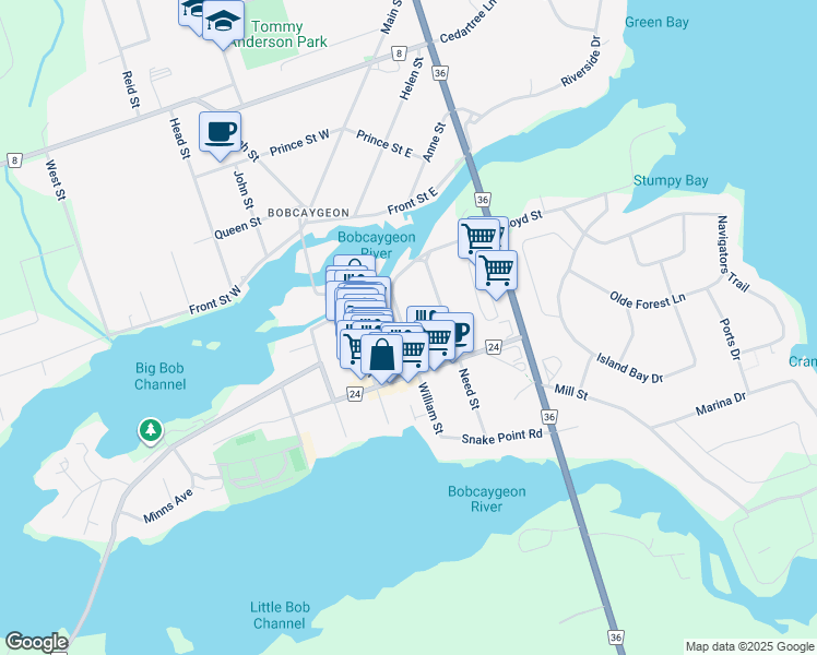 map of restaurants, bars, coffee shops, grocery stores, and more near 34 William Street in Kawartha Lakes